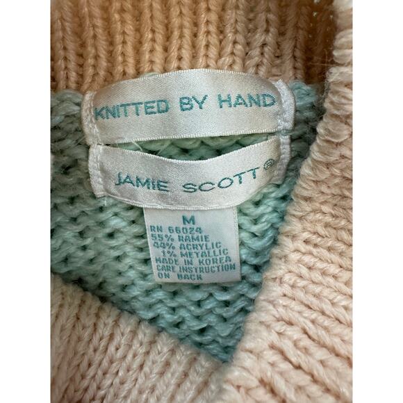 Vintage Jamie Scott Med Pink Hand Knit Christmas Holiday Pastel Cottage Cropped - Picture 6 of 6